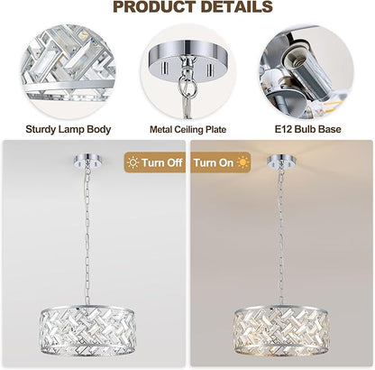 Chrome Crystal Chandelier, 4-Light Morden Dining Room Light Fixture,15.16" Round Semi Flush Mount Chandeliers for Kitchen Foryer Entryway Hallway Living Room Bedroom (ETL Listed)