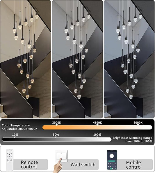 Modern Crystal Staircase Chandelier Polished Black 18-Lights, H118'' Large High Ceiling Spiral Dimmable LED Raindrop Foyer Entryway Light Fixture Remote Control
