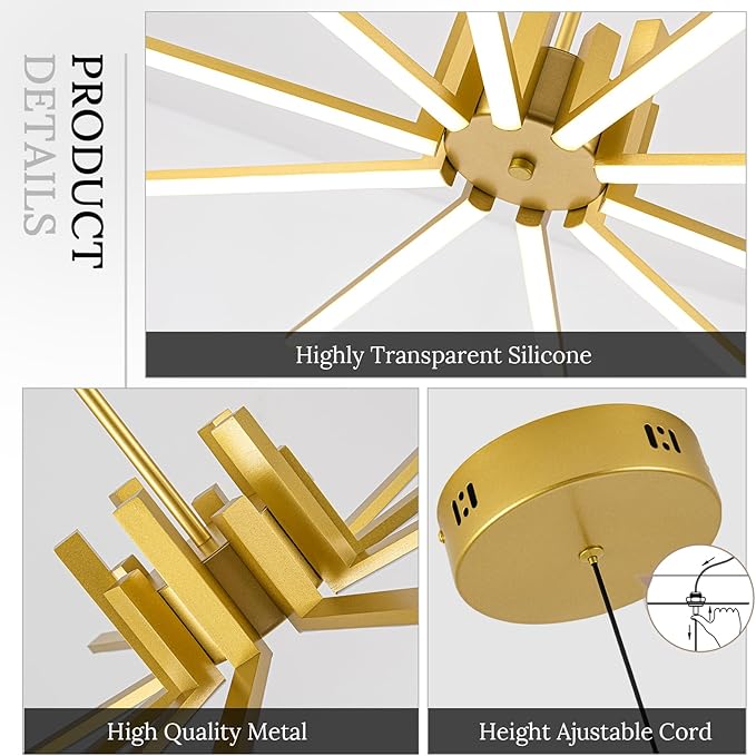 Gold Modern Sputnik Chandelier with Remote Control, 56W 3-Color Temperature Dimmable LED Chandelier for Dining Room, Hanging Adjustable Pendant Light for Living Room Kitchen Foyer Entryway