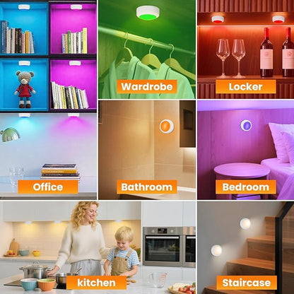 LED Puck Lights with Remote Control, 16 Color Changing Under Cabinet Lighting with Dimmer & Timer, AAA Battery Operated,Under for Closet Bedroom Kitchen, Stair (12 Pack White)