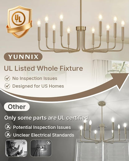 Yunnix 10 Light Champagne Bronze Chandelier, 33" Extra Large Modern Gold Chandelier - Brushed Honey Bronze Hanging Fixture for Dining Room, Kitchen Island, Living Room, Hall, Foyer
