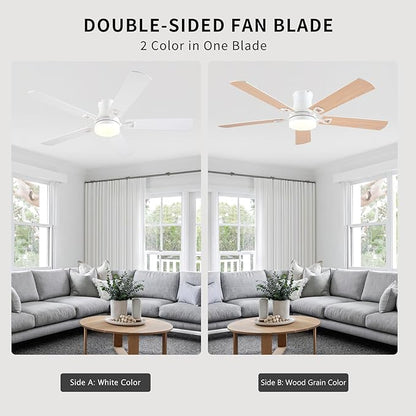 KNUN Ceiling Fans with Lights,52 Inch Low Profile Ceiling Fan with Light and Remote Control,Flush Mount,6 Speeds DC Reversible Motor, 3CCT Dimmable, Noiseless White Ceiling Fan for Living Room,Patio