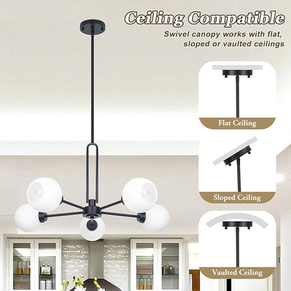 Modern 5-Light Globe Sputnik Chandelier - Large Semi-Flush Dining Room Light, Black Glass Pendant for Kitchen, Living Room, Bedroom, Farmhouse