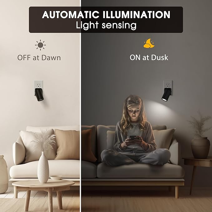 Briignite Night Lights Plug into Wall, 320° Rotating Night Light Plug in, 2Pack, Dusk to Dawn Sensor, 1W Dimmable Led nightlight Daylight White Spot Light for Bedroom, Kids Room, Bathroom