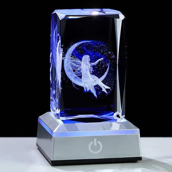 3D Crystal Cube Fairy Night Light Room Decor Paperweight Figurine Statue Gifts for Adults Girls - Engraved Glass Collectible Ornament Gifts for Fairy Lovers