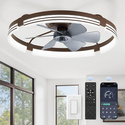 ZMISHIBO 24 Inch Low Profile Ceiling Fans with Lights and Remote, 3000K-6000K Dimmable Fandelier LED Fan Light, Flush Mount Ceiling Fan with Light, 6 Wind Speeds Ceiling Fans for Bedroom- Brown