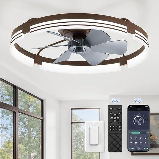ZMISHIBO 24 Inch Low Profile Ceiling Fans with Lights and Remote, 3000K-6000K Dimmable Fandelier LED Fan Light, Flush Mount Ceiling Fan with Light, 6 Wind Speeds Ceiling Fans for Bedroom- Brown