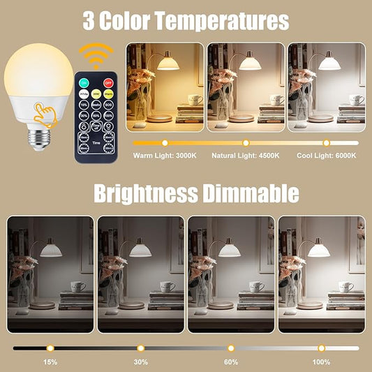 Rechargeable Light Bulb with Remote and Timer for Sconce and Lamp, Battery Backup Night Light, E26 Detachable Charging, Magnetic Base, 3 Lighting Colors, Dimmer, 7W, Lanyard Included, 4 Pack