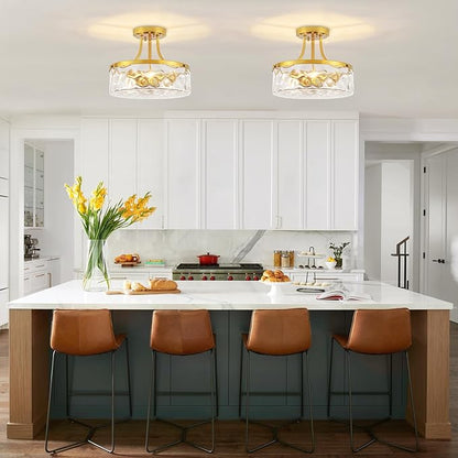 11.81" Modern Gold Semi Flush Mount Ceiling Light Hammered Glass Hallway Light Fixtures Entryway Light Fixture 3-Light Lighting Fixtures for Kitchen Island Dining Room Bedroom Laundry Room Lighting