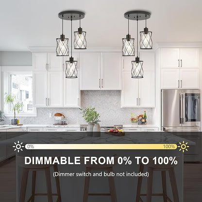 Refice 3-Light Pendant Lights Kitchen Island, Black Kitchen Cluster Hanging Pendant Lights with Clear Glass, Modern Cage Chandelier Light Fixture for Sink Dining Room Bedroom Bar
