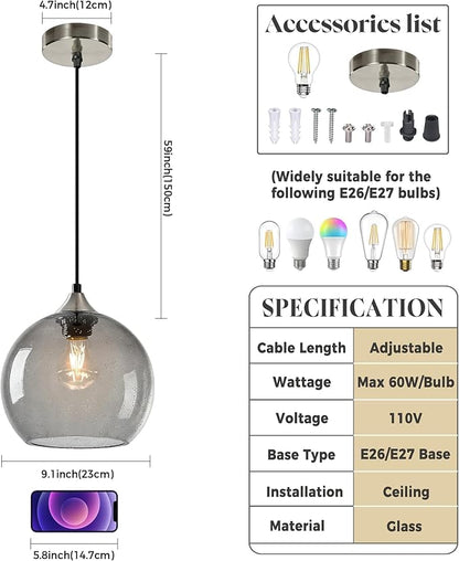Large Light Grey Glass Pendant Light for Kitchen Island, Includes 1 Bulb & 4.92FT Adjustable Cord, Modern Pendant Lighting Fixtures for Kitchen, Dining Room, Living Room(9.1in)