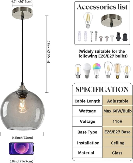 Large Light Grey Glass Pendant Light for Kitchen Island, Includes 1 Bulb & 4.92FT Adjustable Cord, Modern Pendant Lighting Fixtures for Kitchen, Dining Room, Living Room(9.1in)