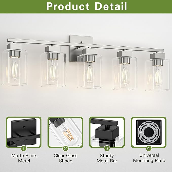 5 Light Bathroom Vanity Light - Brush Nickel Bathroom Light Fixtures Square Design & UL Certification, 31 Inch Long Light Fixtures Over Mirror for Bedroom & Restroom