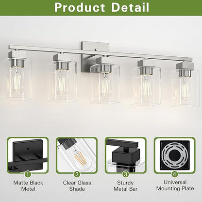 5 Light Bathroom Vanity Light - Brush Nickel Bathroom Light Fixtures Square Design & UL Certification, 31 Inch Long Light Fixtures Over Mirror for Bedroom & Restroom