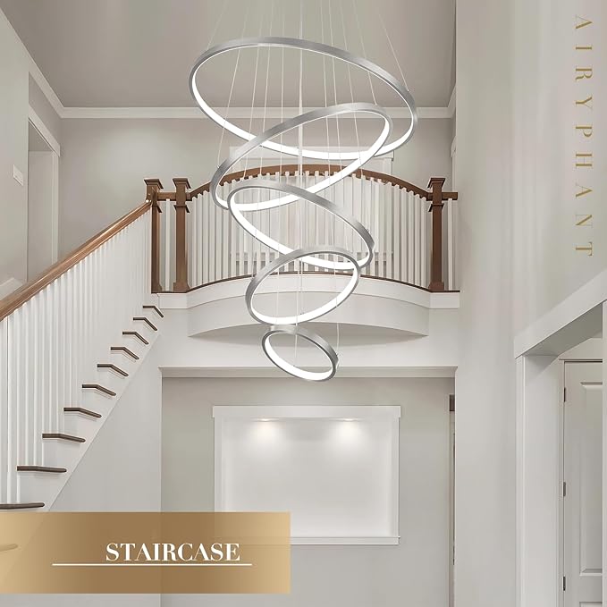 5 Rings Brushed Nickel Ring Chandeliers Moedrn LED Chandeliers Dimmable Foyer Chandelier for High Ceiling Dimmable Contemporary Nickel Chandelier for Living Room Staircase Entryway, 3000K-6500K