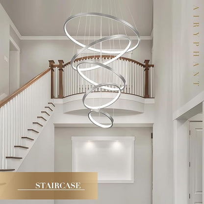 5 Rings Brushed Nickel Ring Chandeliers Moedrn LED Chandeliers Dimmable Foyer Chandelier for High Ceiling Dimmable Contemporary Nickel Chandelier for Living Room Staircase Entryway, 3000K-6500K