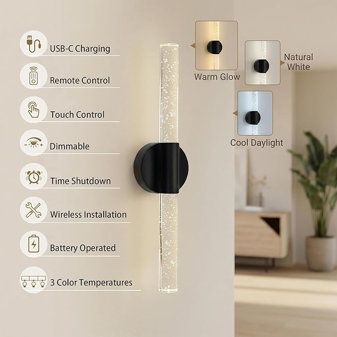 Battery Operated Wall Sconce Set of 2, Black Rechargeable Wall Light with Remote Control, 3000K-6500K Dimmable Wireless Wall Lamp for Bedroom Living Room Bathroom Hallway