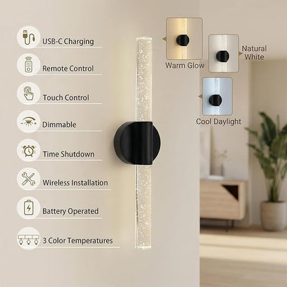 Battery Operated Wall Sconce Set of 2, Black Rechargeable Wall Light with Remote Control, 3000K-6500K Dimmable Wireless Wall Lamp for Bedroom Living Room Bathroom Hallway