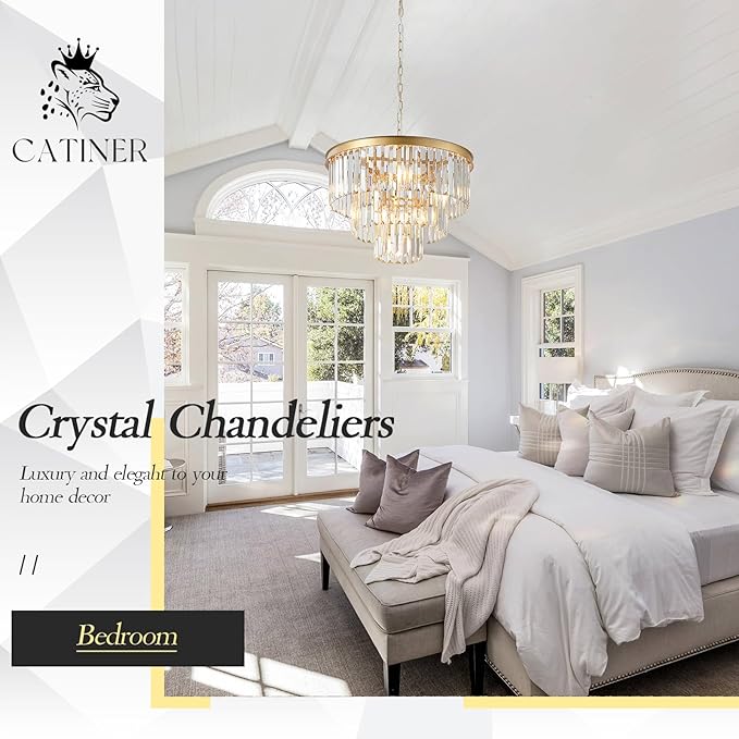 CATINER Modern Crystal Chandeliers,Gold 20” Round Chandeliers for Dining Room 3 Tiers 7 Lights Luxury K9 Crystal Ceiling Pendant Light Fixture for Foyer Bedroom Closet