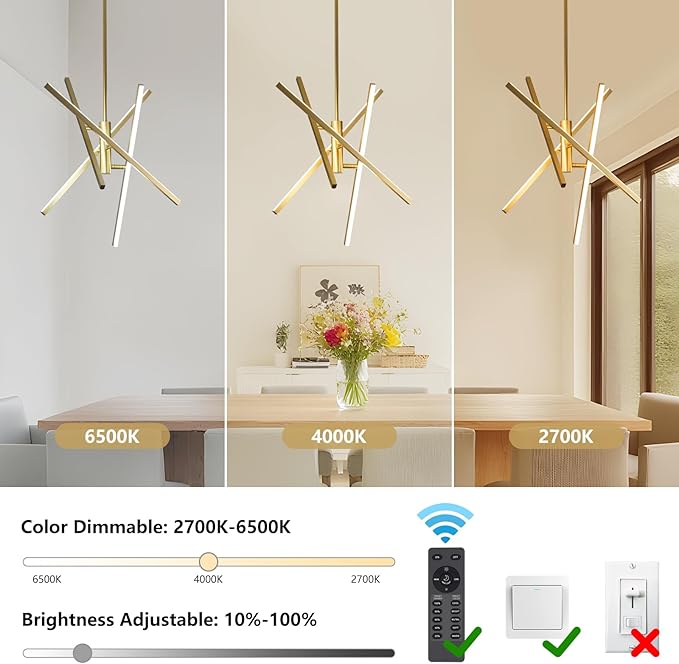 Modern Gold Chandelier Light Fixtures: LED 4-Light Sputnik Dining Room Chandeliers Linear Pendant Lights Fixture Over Table Dimmable with Remote for Kitchen Island Living Room