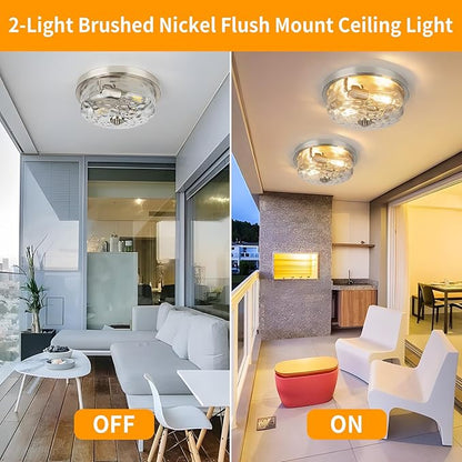 Brushed Nickel Flush Mount Light, Kitchen Ceiling Fixture with Water Ripple Glass Shade, 2-Light Outdoor Porch Flush Mounts for Hallway, Foyer, Entryway, Bathroom