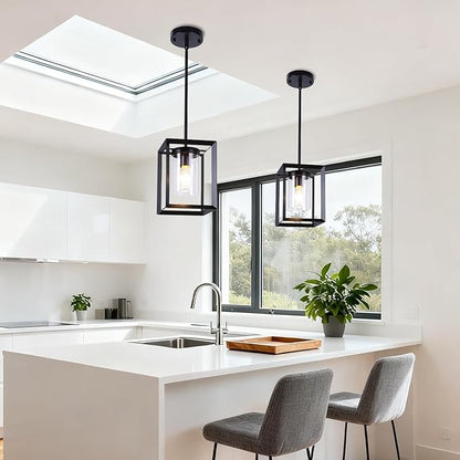 2 Pack Black Pendant Lights for Kitchen Island, Farmhouse 1-Light Iron Cage Metal Hanging Light with Clear Glass Shade, Industrial Lighting Fixtures for Living Room Bedroom Hallway Foyer