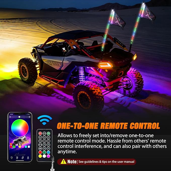 Nilight 2PCS 4FT RGB LED Whip Light with Spring Base and 8 PCS Rock Lights Combo, Remote App Control w/DIY Chasing Patterns Turn Signal Brake Reverse Antenna Lighted Whips for ATV UTV Polaris RZR Jeep