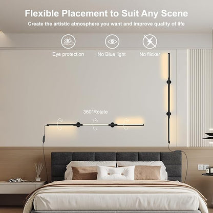 53.2 Inch Wall Lights, 360°Rotatable Wall Sconce, 3 Color Temperatures, Plug-in Dimmable Wall lamp for Bedroom, Living Room（1 Pack）