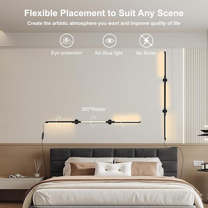 53.2 Inch Wall Lights, 360°Rotatable Wall Sconce, 3 Color Temperatures, Plug-in Dimmable Wall lamp for Bedroom, Living Room（2 Pack）