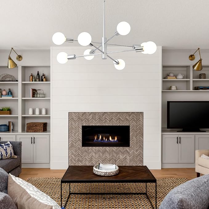 HHR Modern Sputnik Light Fixture, 8-Light Chrome Mid Century Ceiling Chandelier, Height Adjustable Farmhouse Chandeliers for Living Dining Room Kitchen Island Over Table