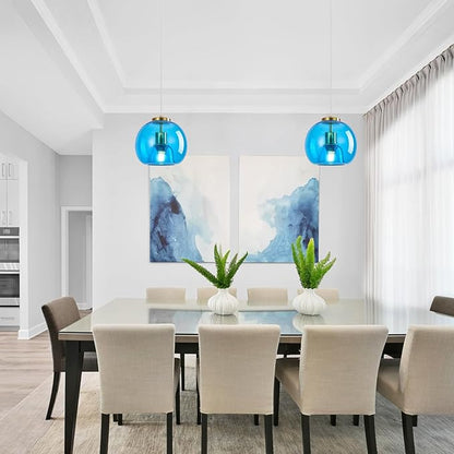 Light Blue Glass Pendant Lights Kitchen Island Gold Hanging Light Fixture Glass Globe Pendant Light Modern Pendant Lighting for Kitchen Island Bedroom Dining Room (7.87", B Style-3 Pack)