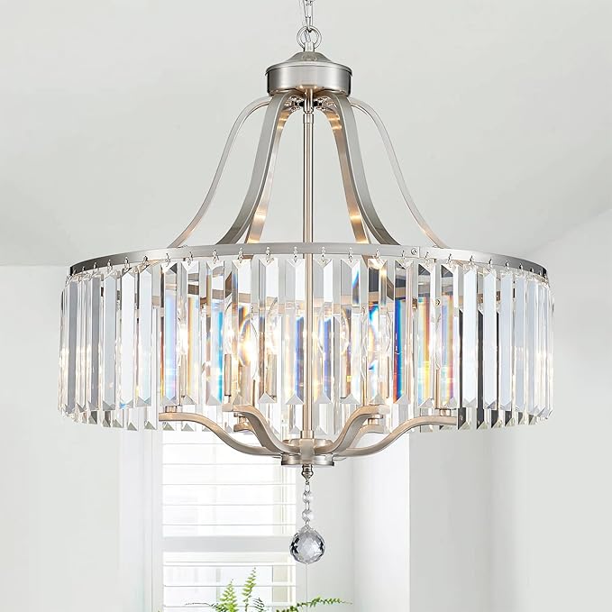 Modern Crystal Chandeliers Round 6-Light Large Brushed Nickel Pendant Lighting Fixture for Dining Room Living Room Kitchen Island Bedroom Hallway 21.7" Adjustable Height Hanging Lamp
