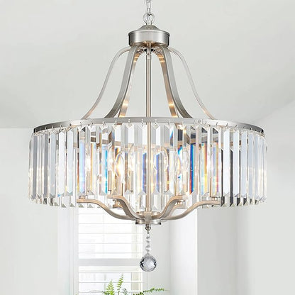 Modern Crystal Chandeliers Round 6-Light Large Brushed Nickel Pendant Lighting Fixture for Dining Room Living Room Kitchen Island Bedroom Hallway 21.7" Adjustable Height Hanging Lamp