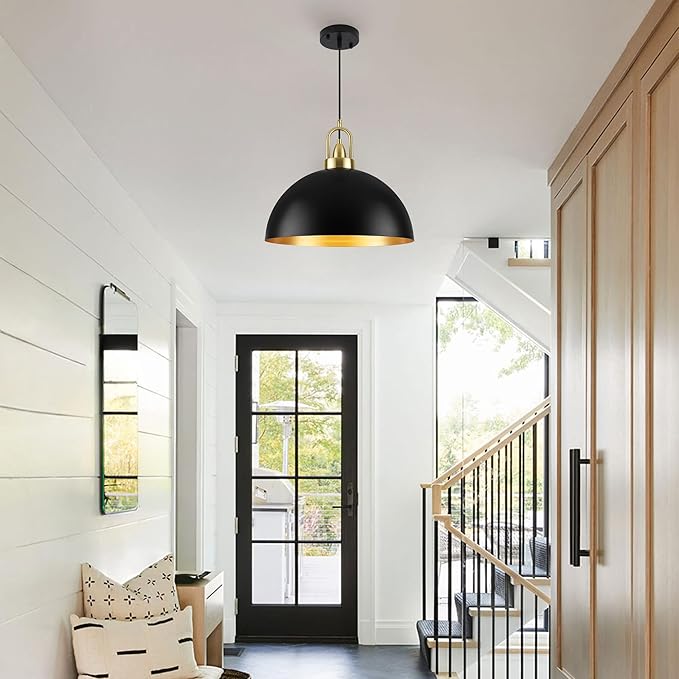 16'' Black Dome Pendant Light, Modern Farmhouse Black Pendant Light Fixture, Large Hanging Ceiling Pendant Lighting for Kitchen Island Dining Room Foyer Hallway Bar Cafe