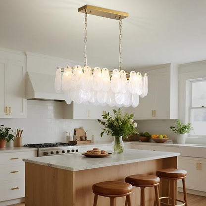 KELUOLY Modern Glass Chandelier 8-Light Rectangle Gold Brass Chandelier Luxury Oval 2-Tiers Crystal Cloud Glass Pendant Ceiling Light for Dining Room Living Room Kitchen Island L31.5'' (E12)