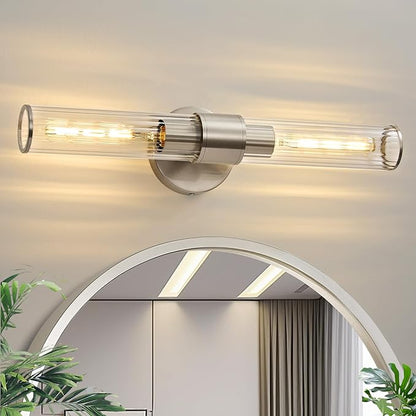 Bathroom Vanity Light Fixtures, Nickel Wall Sconces in Threaded Glass, Modern Wall Light for Bathroom Living Room Bedroom, Hallway