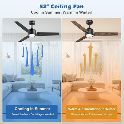 52 inch Ceiling Fans with Lights and Remote, Dimmable 3 Color temperatures LED, Reversible with Quiet DC Motor, 3 Blade High CFM Indoor Outdoor Modern Ceiling Fan for Bedroom Living Room (Black)