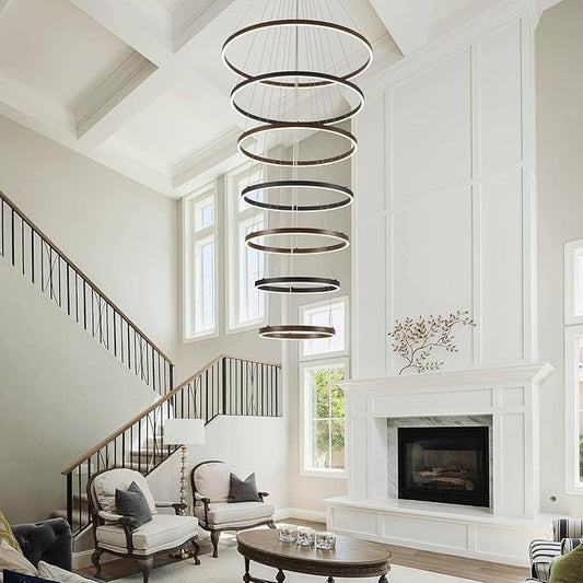 7 Ring LED Chandelier Black Walnut Wood Chandelier Large Dimmable Circular Chandeliers Light High Ceiling Round Chandeliers for Foyer Staircase Living Room 31in