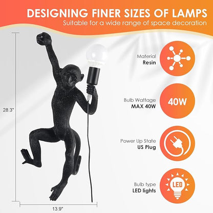 Industrial Wall Lighting Fixture Vintage Resin Monkey Light Wall Lamp for Living Room Children's Kid's Bedroom Club Decoration (Black-Right Hand)