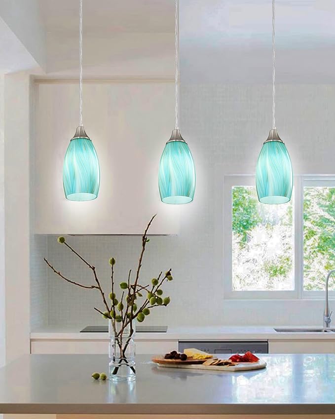 karyfine Mini Art Glass Pendant Lights Kitchen Island,Handcrafted Teal with Gold Glass Ceiling Pendant Lighting Brushed Nickel Adjustable Cord Hanging Lamp Cover for Coffe Bar,Dining Room 3pack
