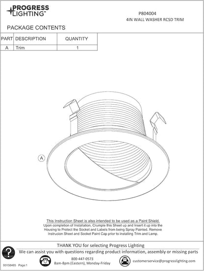 Progress Lighting P804004-028 4" Recessed Wall Washer Trim for 4" Housing Satin White (P804N Series)