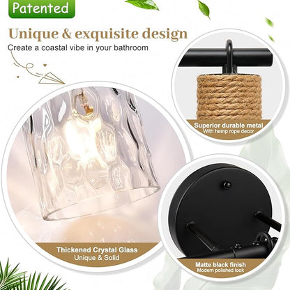 MOKATNG Bathroom Light Fixtures, 5-Light Coastal Vanity Lights with Crystal Glass Shade, Black Bathroom Wall Lamp for Mirror Kitchen Hallway Cabinet