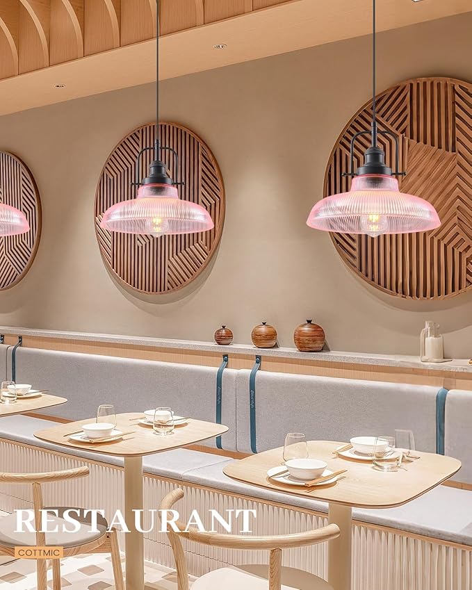 Pink Glass Pendant Lights Kitchen Island 1 Pack, 12-inch Ribbed Glass Kitchen Pendant Lights, Farmhouse Pendant Lighting Over Island, Sink, Bar, Vintage Pendant Light for Dining Room