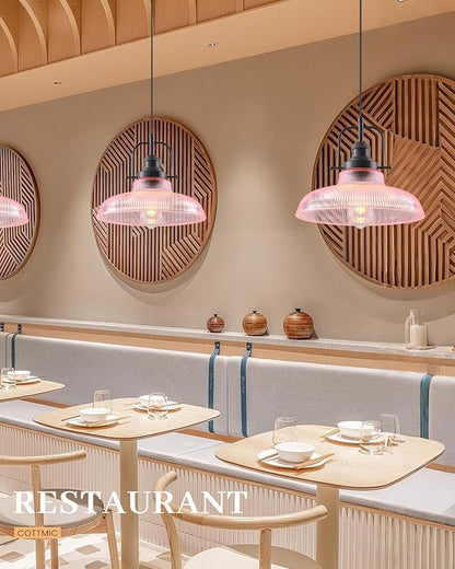 Pink Glass Pendant Lights Kitchen Island 1 Pack, 12-inch Ribbed Glass Kitchen Pendant Lights, Farmhouse Pendant Lighting Over Island, Sink, Bar, Vintage Pendant Light for Dining Room