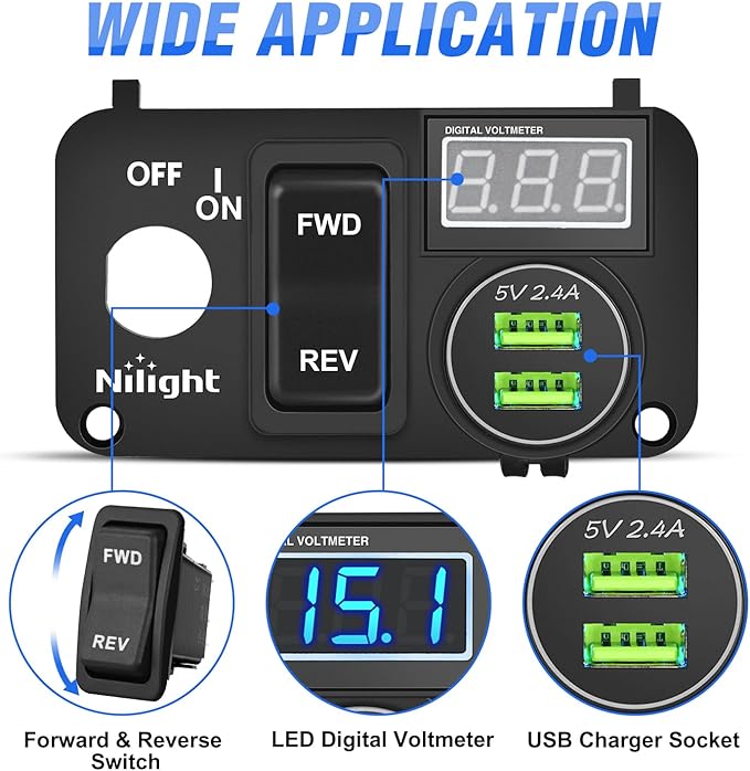 Nilight Golf Cart Key Switch Console Panel 9V-48V DC with Forward Reverse 3PIN Rocker Switches 4.8A Dual USB Quick Charger LED Digital Voltmeter for EZGO TXT PDS