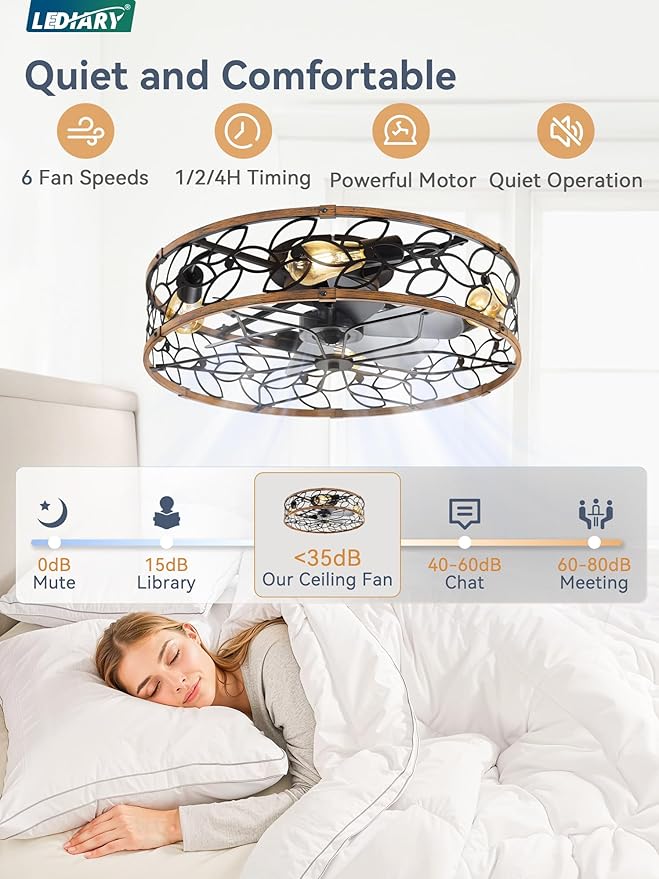 LEDIARY 23 Inch Caged Ceiling Fans with Lights, Farmhouse Flush Mount Ceiling Fan with Remote, Large Low Profile Ceiling Fan Light Fixture for Bedroom, Kitchen, Dining Room