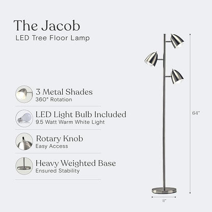Brightech Jacob LED Standing Lamp, Modern Bright Floor Lamps for Living Rooms & Bedrooms, Tall LED Lighting Lamp with Adjustable 3 Light Tree – Satin Nickel