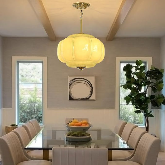 Milk Glass Pendant Light, 15 Inch Green Handblown Shade with Antique Brass Hardware, Adjustable Hanging Rod Vintage Chandelier, Dimmable E26 Base Fixture for Kitchen Island, Dining Room, Livingroom