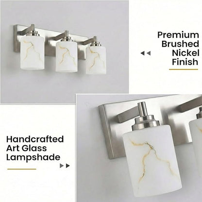 3-Light Bathroom Light Fixture, Brushed Nickel Modern Vanity Light with White Marble Glass Shade, for Bathroom Mirror, Living Room, Bedroom, Hallway, E26 Base, Extended Base