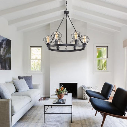 Wagon Wheel Chandelier Modern Farmhouse Pendant Light,Black Farmhouse Chandelier, 6-Light Wagon Wheel Chandelier with Adjustable Height, Dining Room Light Fixture, Hanging Lights